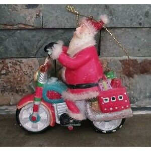Ceramic Biker Santa on Motorcycle with Presents Hanging Christmas Tree Ornament